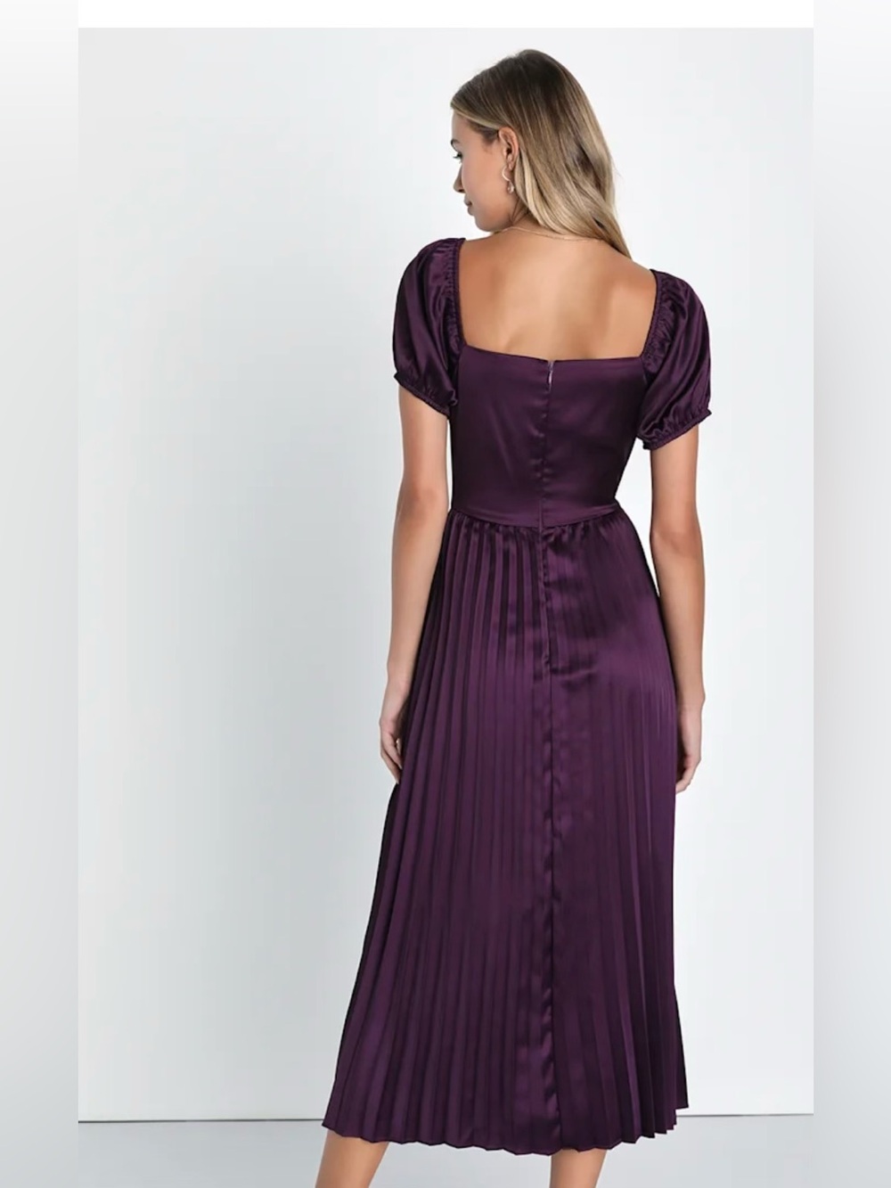 Lulus Purple Puff-Sleeve Pleated Midi Dress - Women - Picture 2 of 3